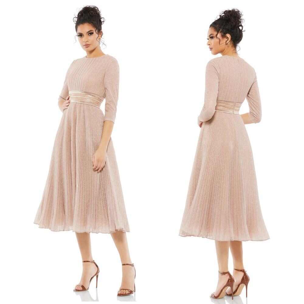 Mac Duggal 30750 Dress Shimmering 3/4 Sleeve Pleated A-Line Midi Rose Gold NWT 0